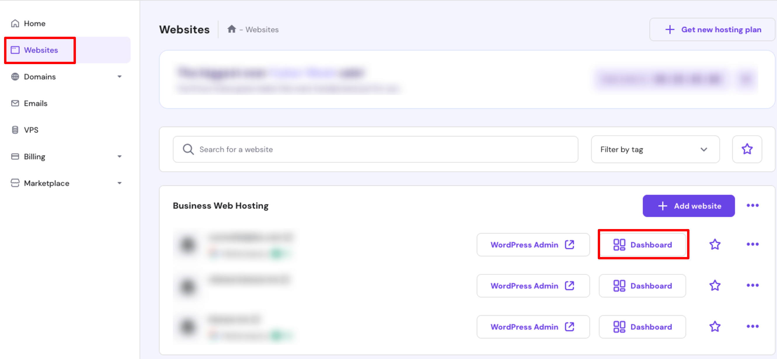 Esta imagen muestra la lista de sitios web en una cuenta de Hostinger.