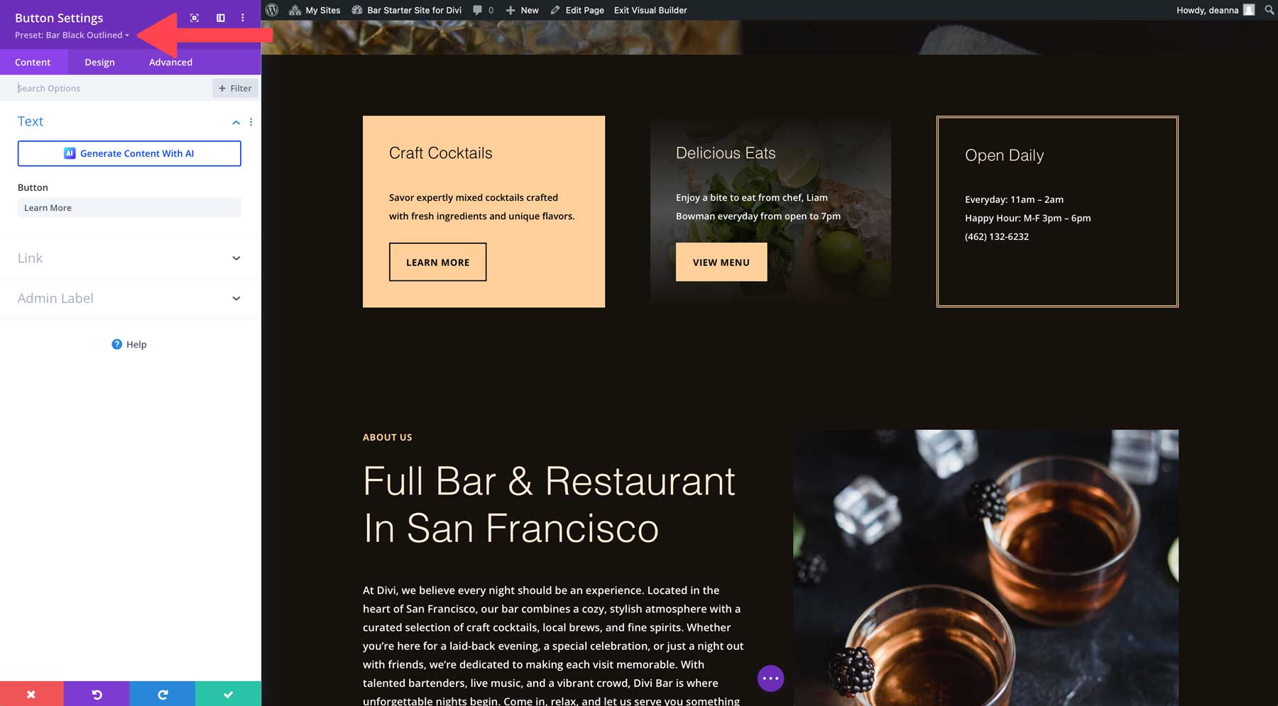 Divi のバー スターター サイト