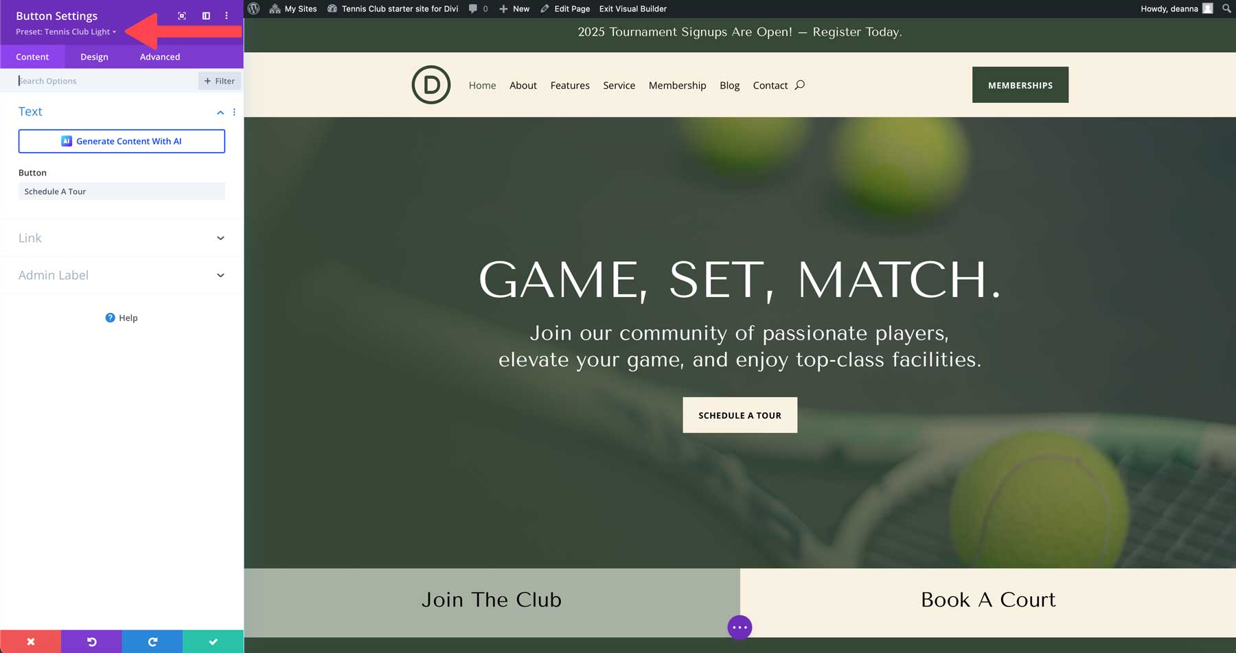 situs starter klub tenis untuk Divi
