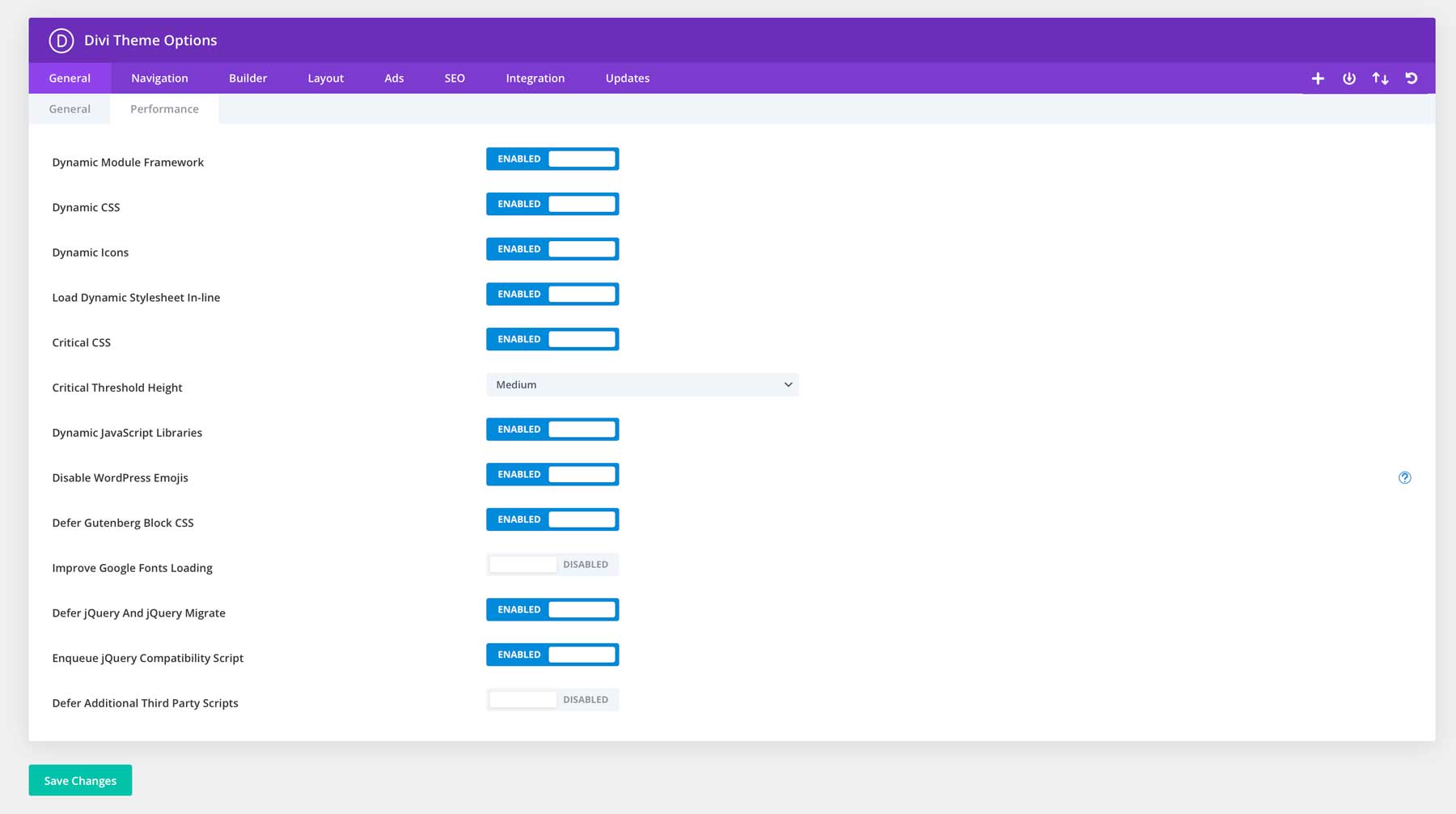 Configuración de rendimiento de Divi