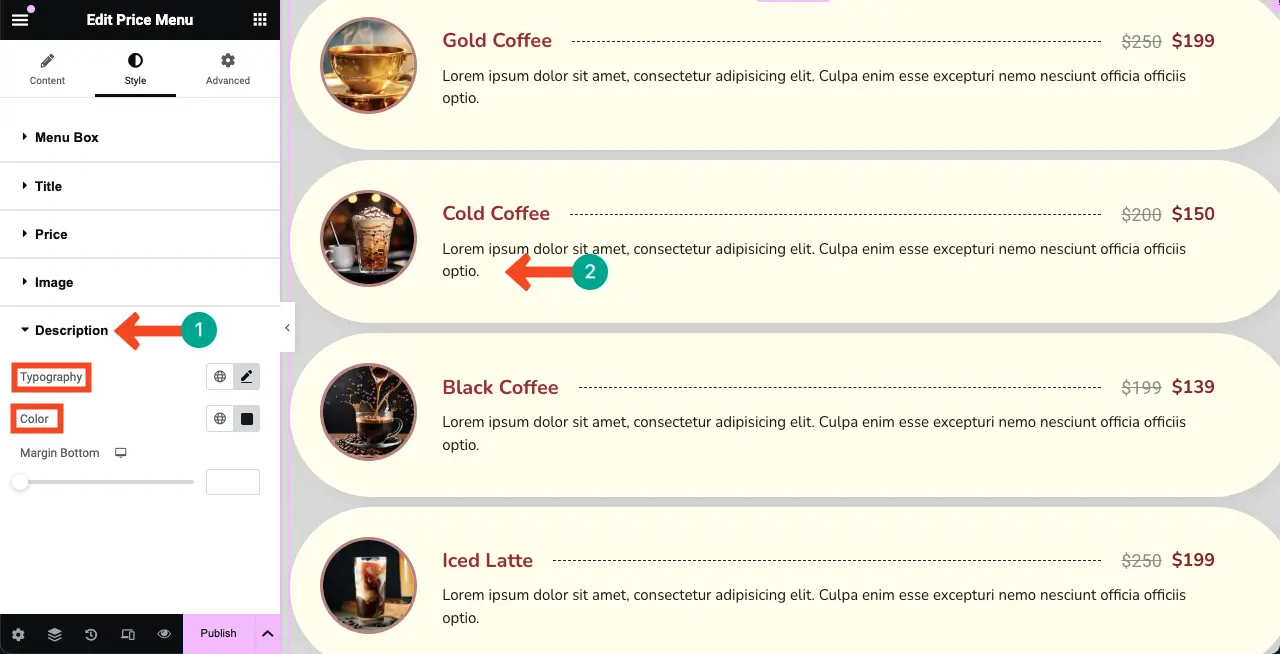 Elementor 25를 사용하여 WordPress에서 가격표를 만드는 방법 Stylize the Description