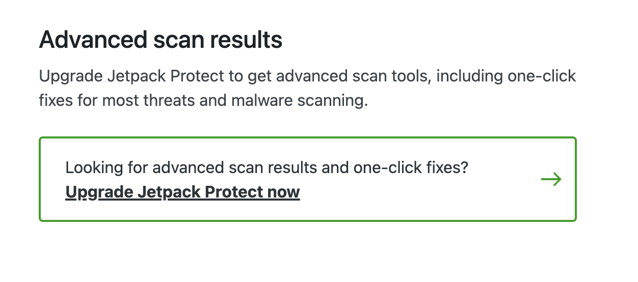 Opción Jetpack Scan en WordPress para actualizar a Jetpack Protect para funciones más avanzadas.