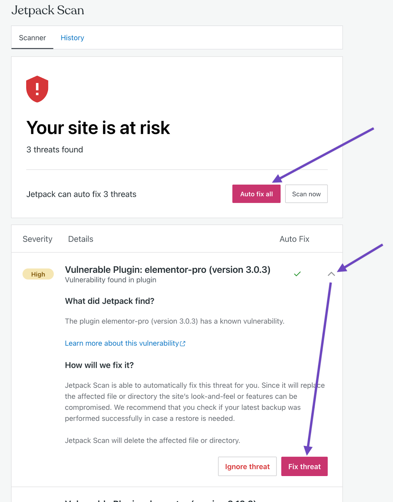 Jetpack Scan en el estado del escáner del panel de WordPress que muestra 3 amenazas encontradas y un llamado a la acción para "Reparar todo automáticamente".
