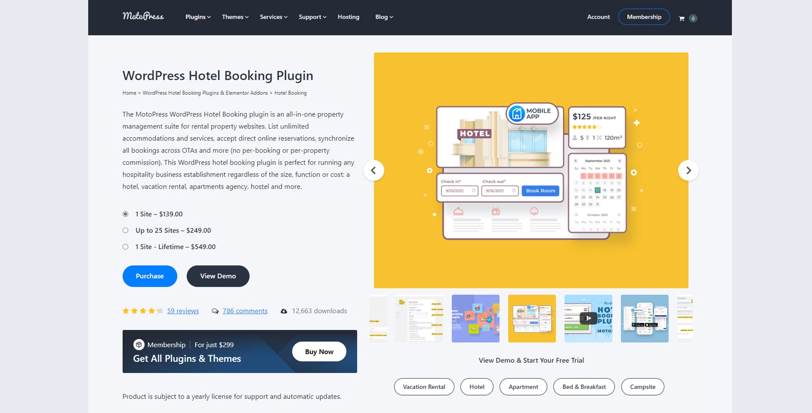 Grafica di MotoPress Hotel Booking, un plugin WordPress per la prenotazione di viaggi con prezzi stagionali dinamici.
