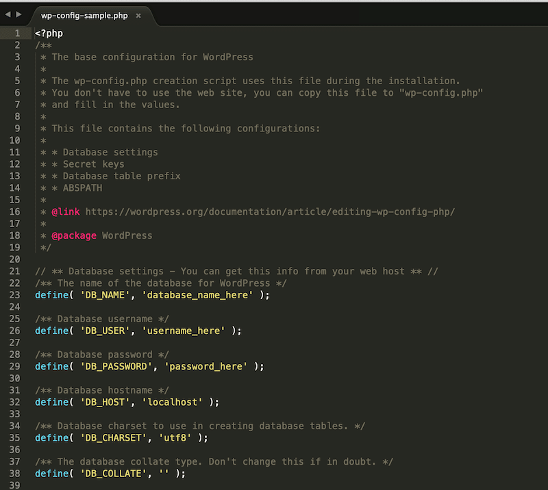 wp-config 檔案中的資料庫設定和憑證範例 - 來源:我的 wp-config 文件