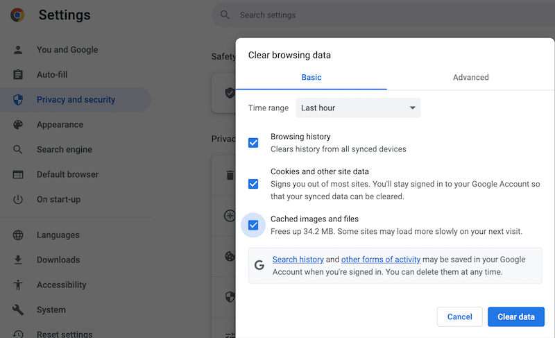 清除 Chrome 上的快取 - 來源:Google Chrome