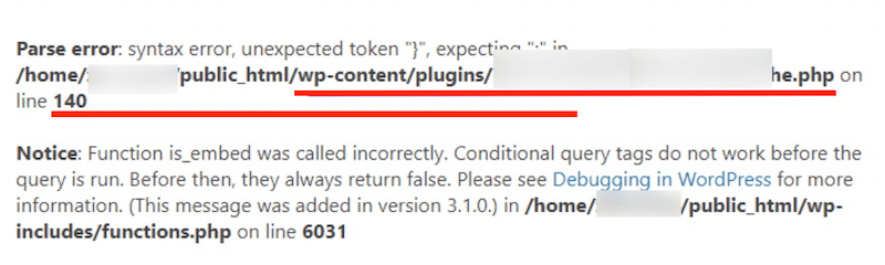 第一行通常顯示發生語法錯誤的位置 - 來源:我的 wp-config 文件