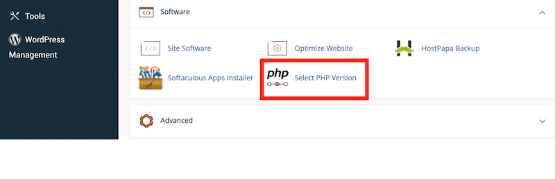 用於更新目前 PHP 版本的軟體子選單 – 來源:我的 cPanel