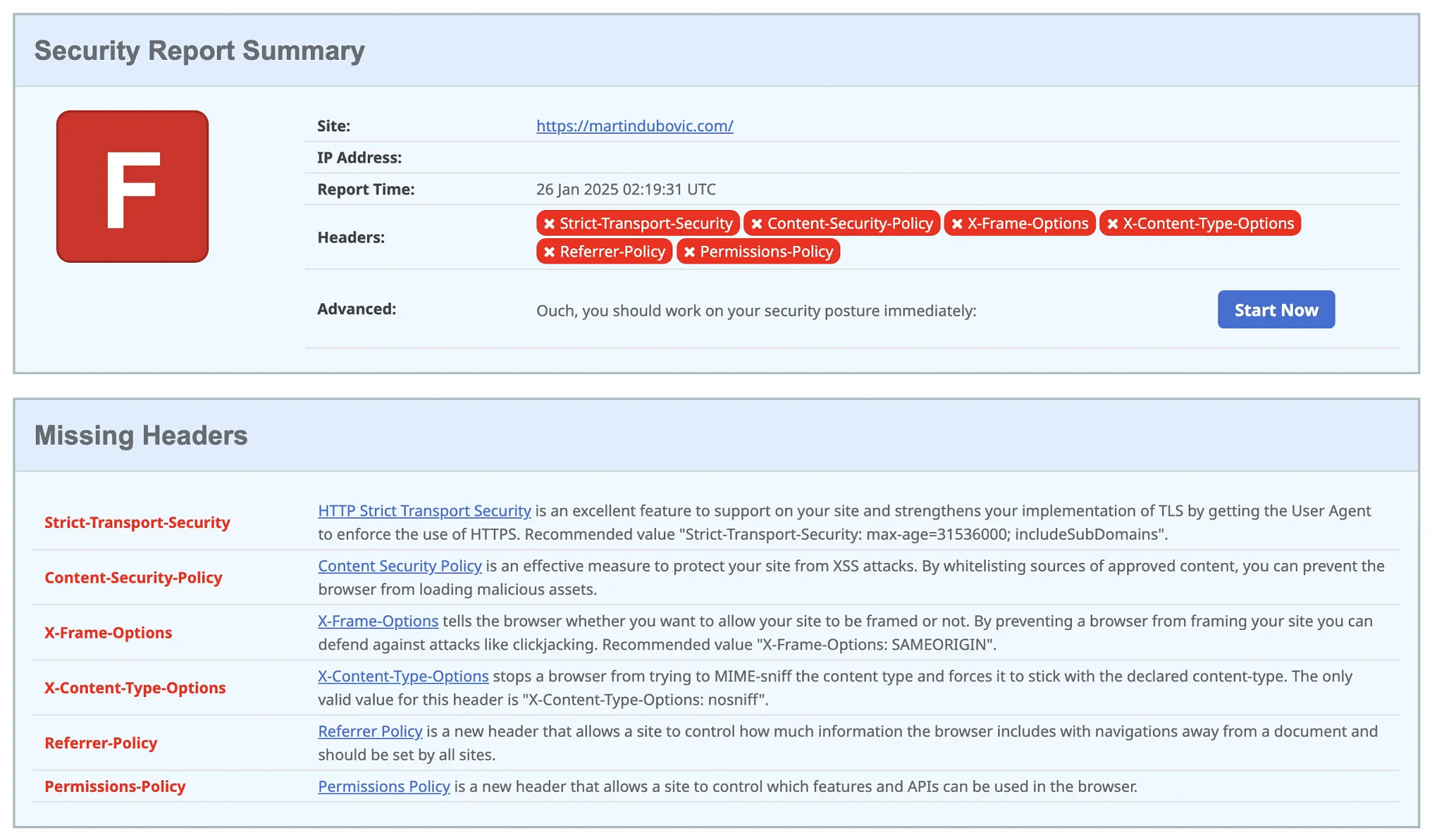 SecurityHeaders.com falló en el escaneo de seguridad.