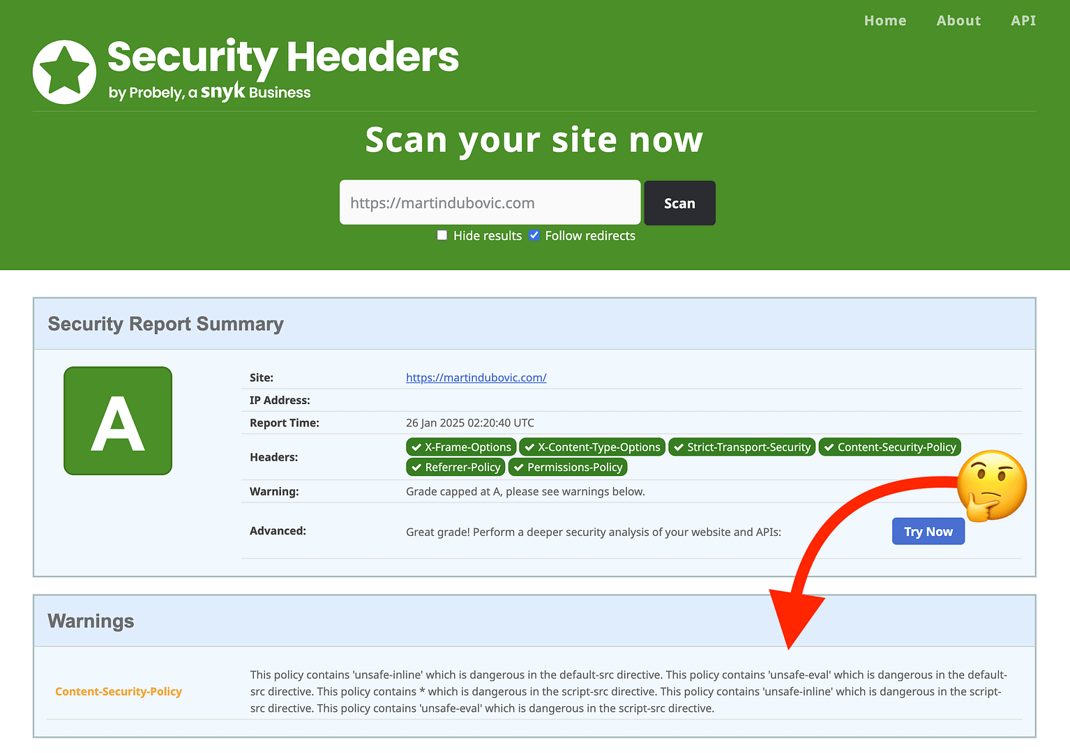 SecurityHeaders.com pasó el escaneo de seguridad pero con advertencias.