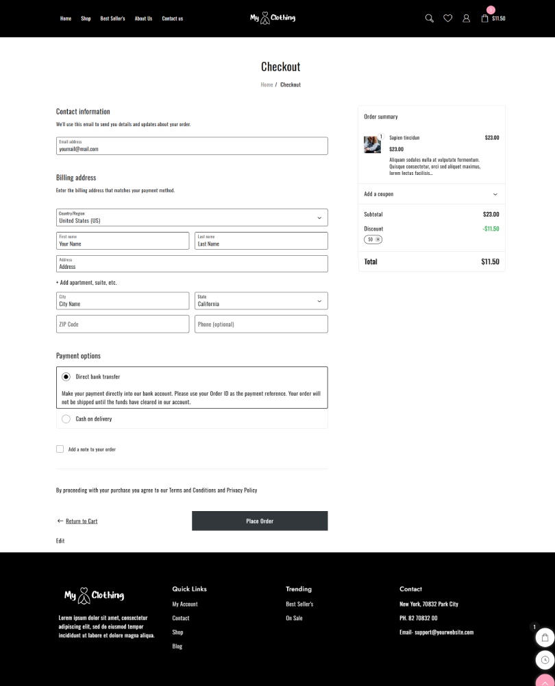 เทมเพลตเว็บไซต์ใหม่สำหรับเสื้อผ้า (ติดตั้งหนึ่งคลิก) 7 Clothing Checkout