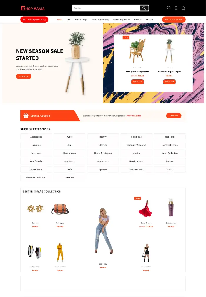 説明されているウェブサイトテンプレート:タイプ、利点、実生活の例1 Multivendore Market Store is one of the most functional website templates.