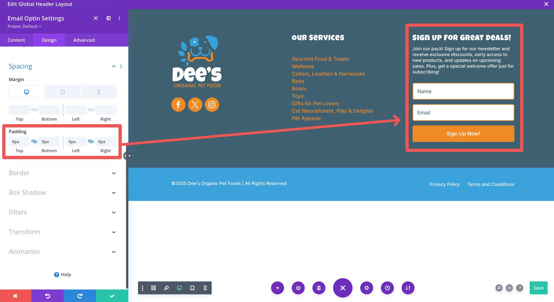 Divi Email Optinモジュールからパディングを取り外します