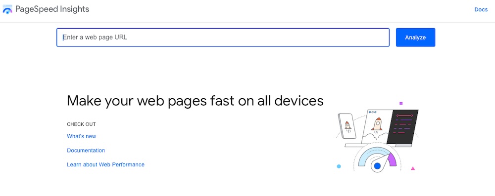 Pagespeed Insights Page พร้อมฟิลด์เพื่อป้อน URL