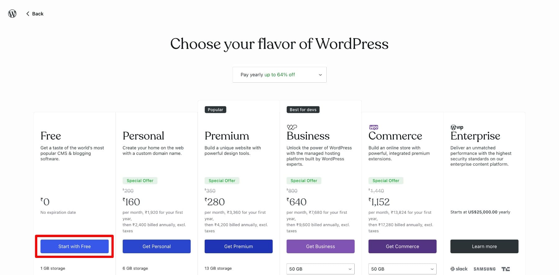 اختر خطة مجانية في WordPress