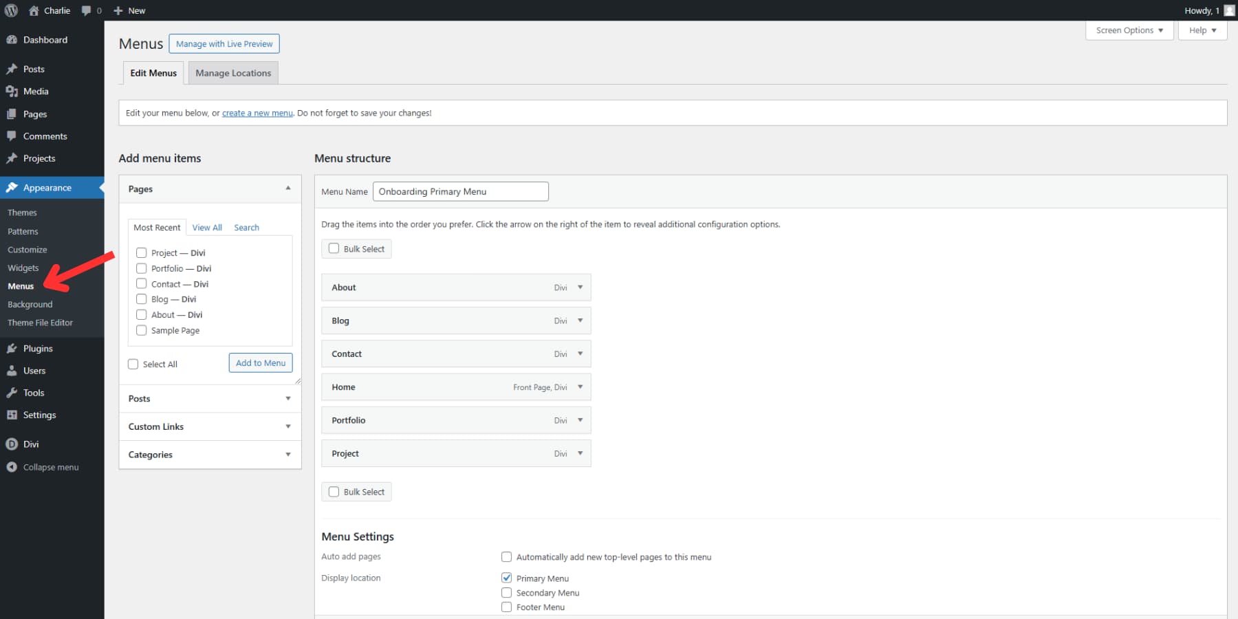Uno screenshot di dove trovare le opzioni di menu in wordpress
