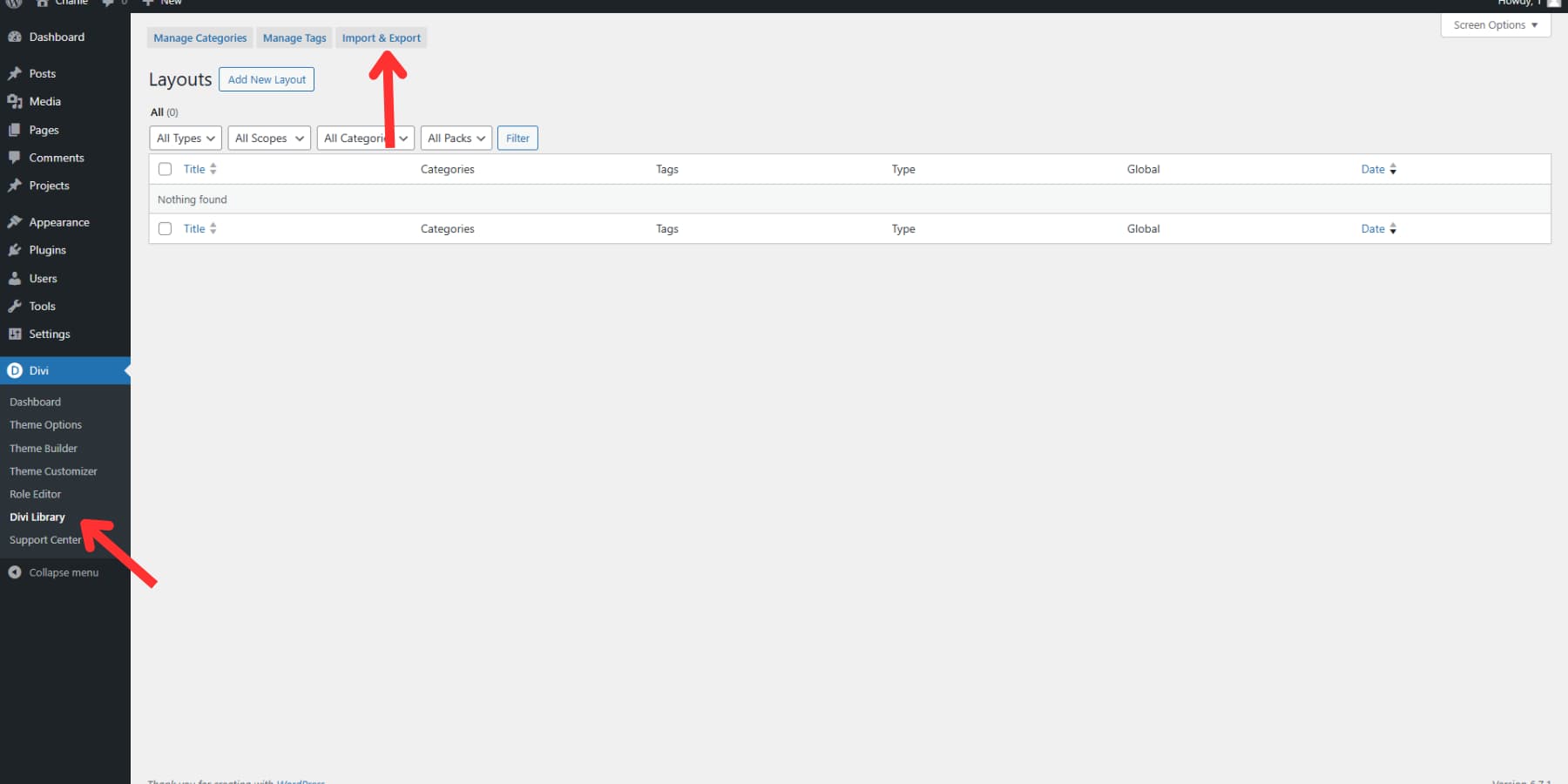 Uno screenshot di come importare un layout in Divi