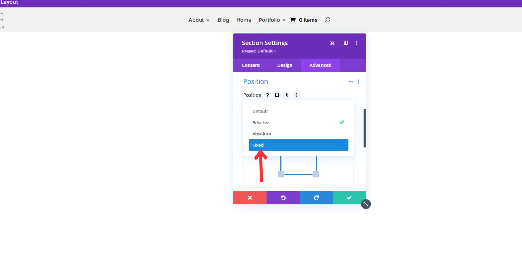 Uno screenshot di come aggiungere una posizione fissa al menu in Divi