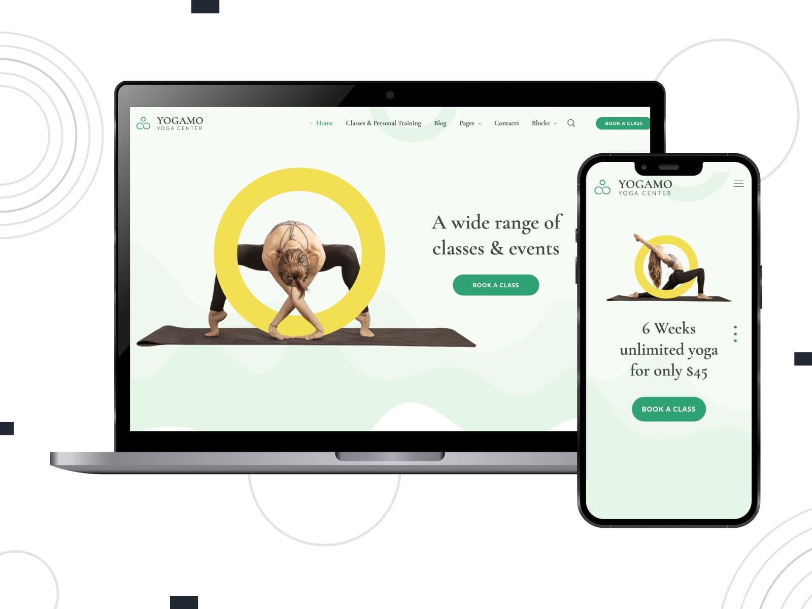 Kolase tentang cara memilih tema Gutenberg WordPress untuk situs web yoga.