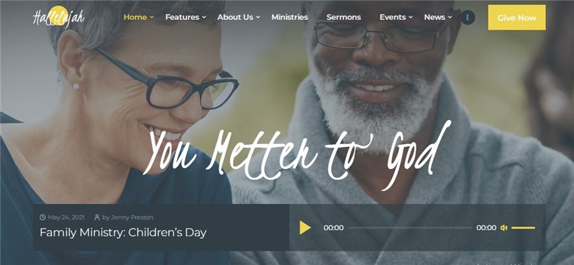 Screenshot dari halaman demo tema acara Gereja Hallelujah WordPress.