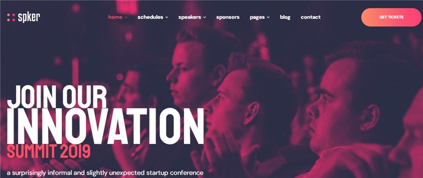 Tangkapan layar dari tema WordPress terbaik SPKER untuk situs web konferensi.