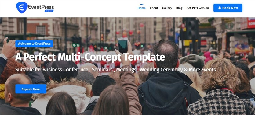 Tangkapan layar dari halaman demo tema EventPress gratis.