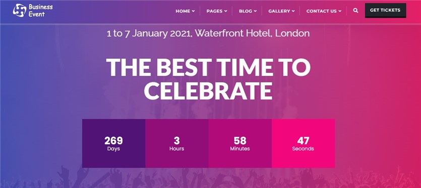 Tangkapan tangkapan layar dari acara demo tema acara bisnis Epic WordPress dalam warna violet dan merah muda.