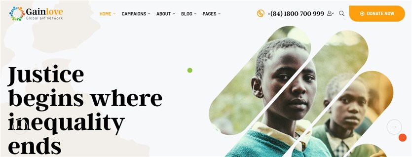 Tangkapan layar dari tema WordPress GainLove terbaik untuk situs web acara amal.