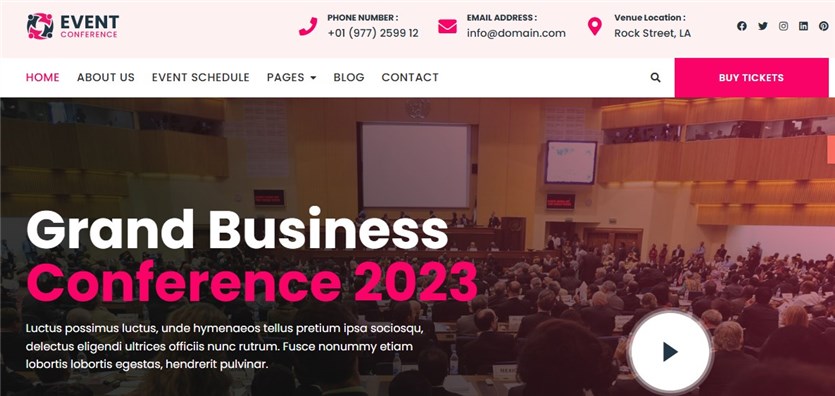 Screenshot dari tema acara gratis konferensi acara BOSA untuk situs web WordPress terbaik.