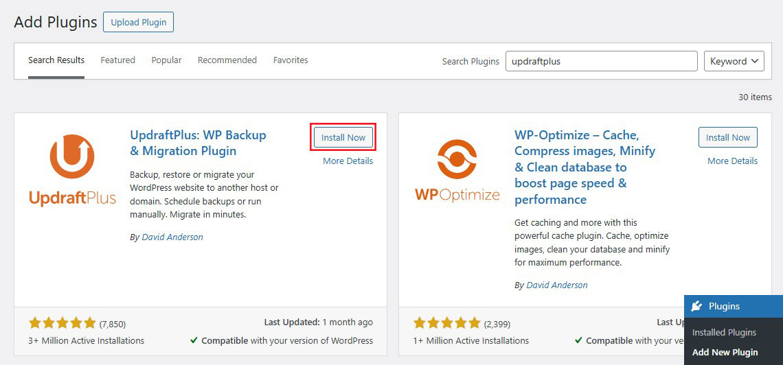 การติดตั้ง updraftplus ปลั๊กอินสำรอง WordPress