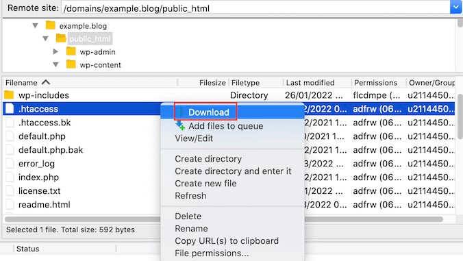 การดาวน์โหลดไฟล์. htaccess ใน filezilla