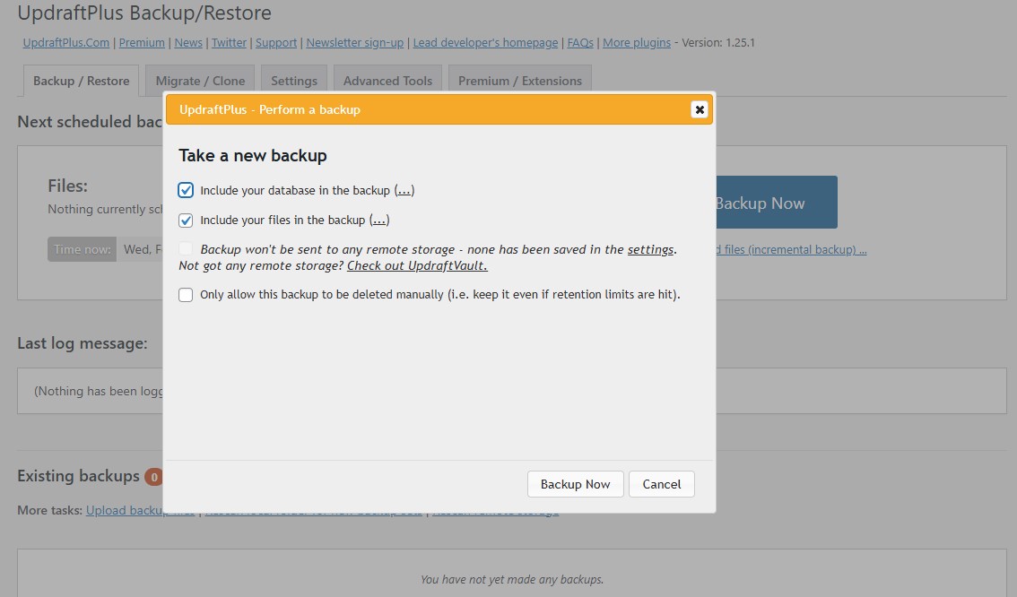 updraftplus popup พร้อมตัวเลือกฐานข้อมูลและไฟล์เพื่อสร้างการสำรองข้อมูล