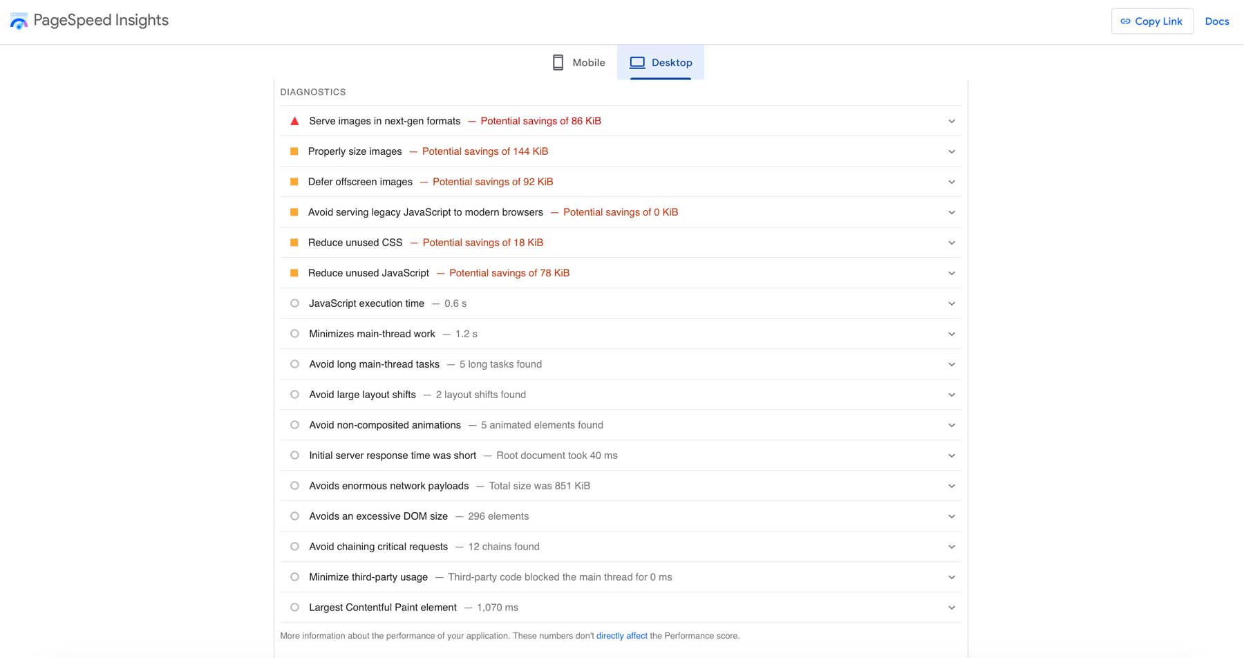 PageSpeed ​​Insights Diagnostics