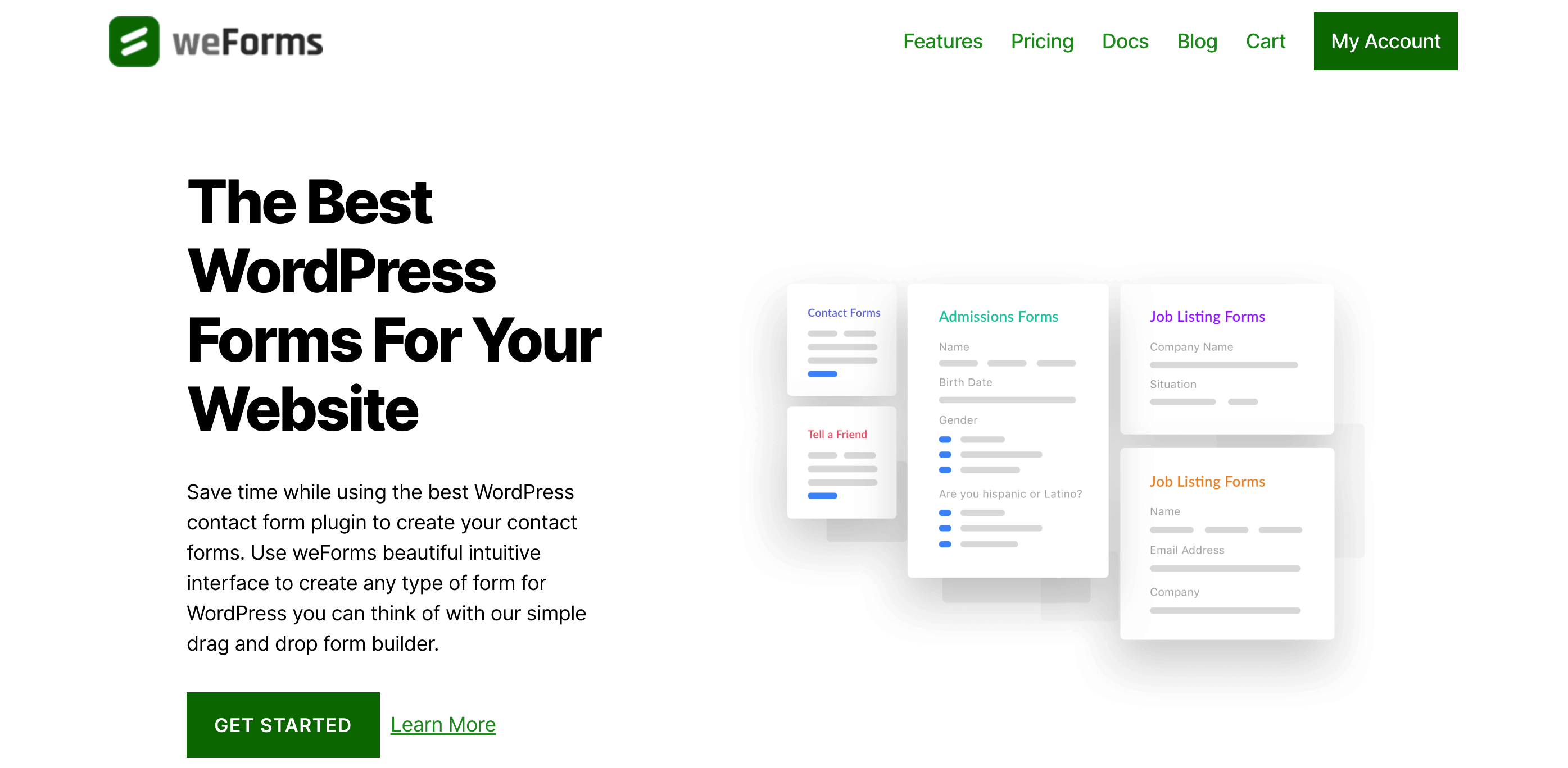 Dies ist ein Screenshot der WeForms -Website -Homepage