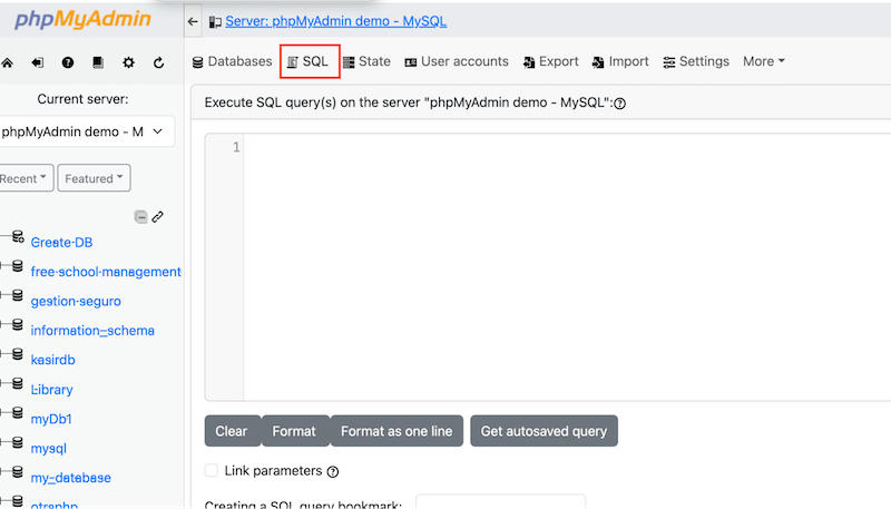 Buka tab SQL - Sumber: PhpMyadmin