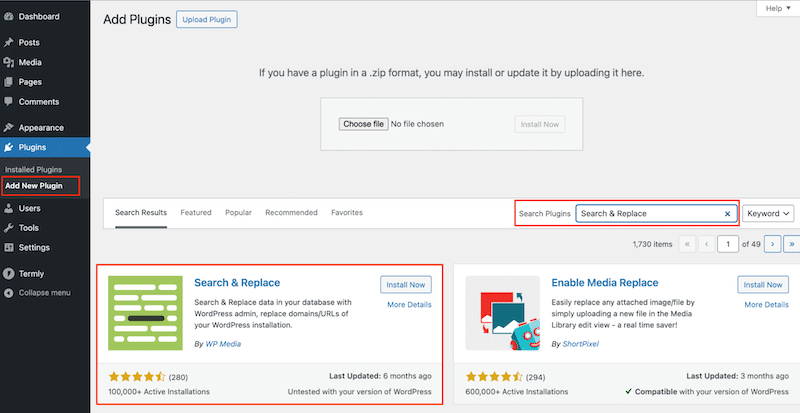 Cari Plugin Pencarian & Ganti - Sumber: Admin WordPress saya