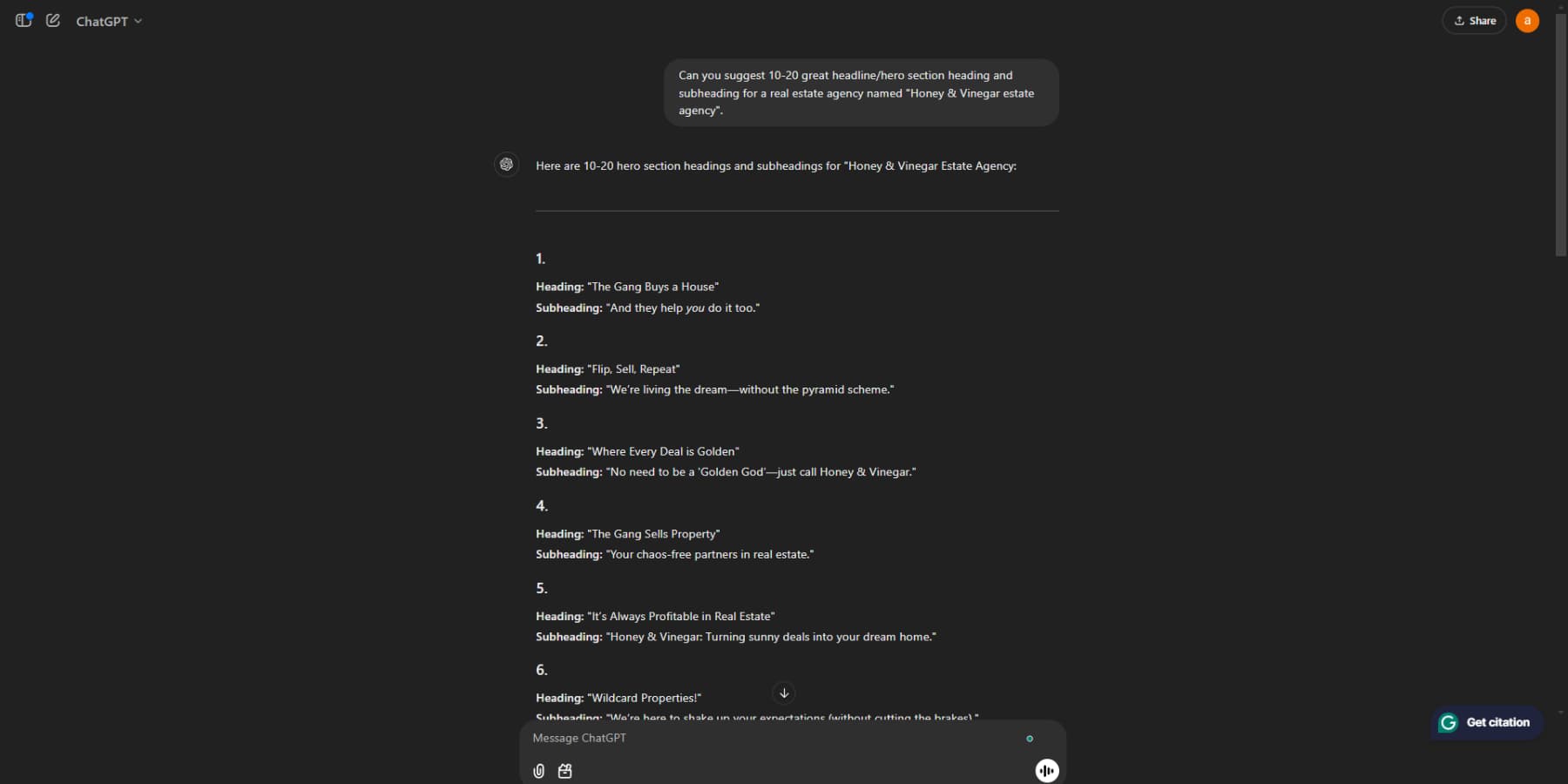 Uma captura de tela do chatgpt gerando ótima cópia para sites