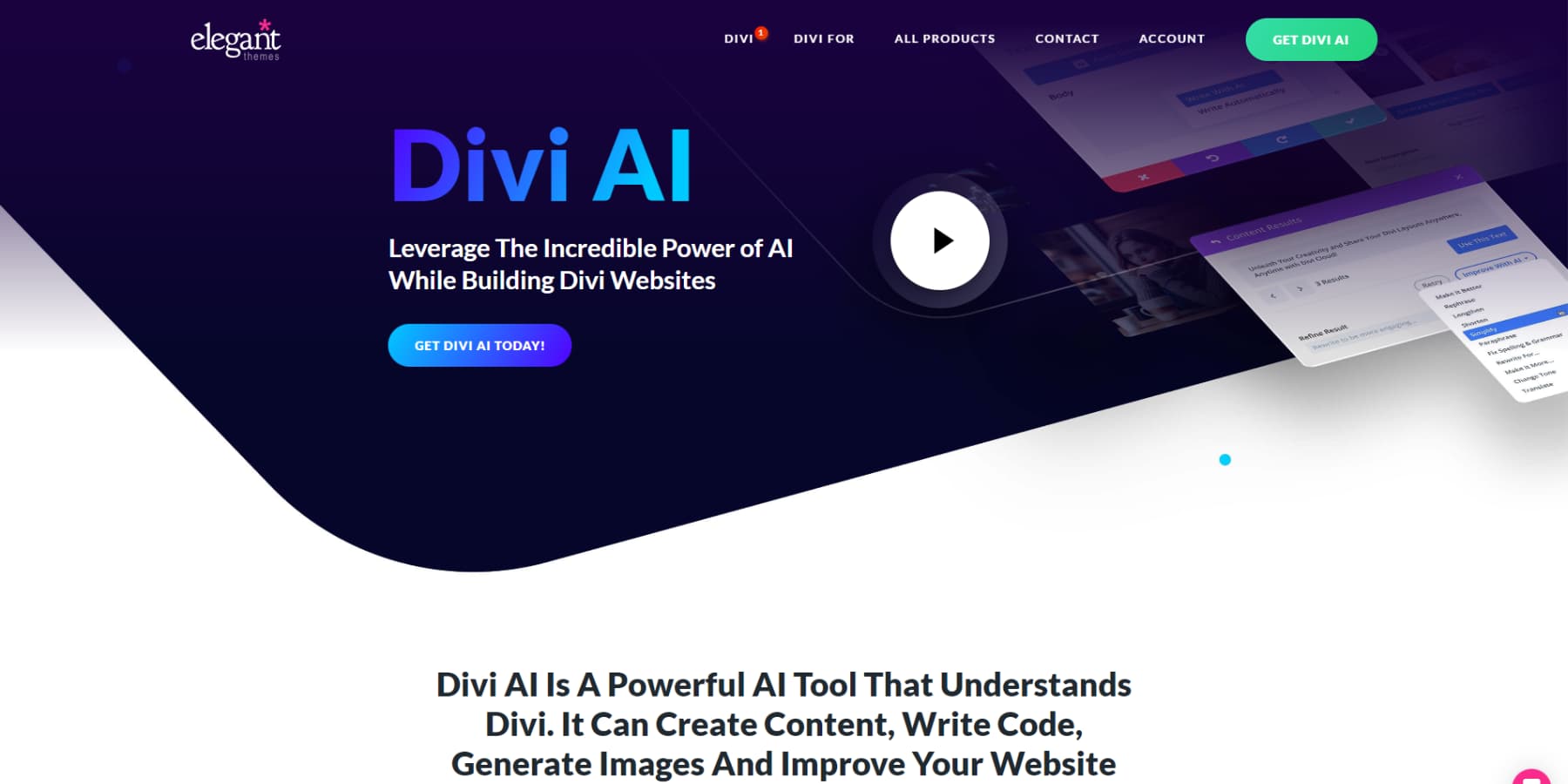 Uma captura de tela da página inicial de Divi Ai