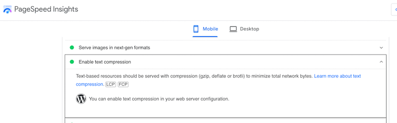 Vérification de la compression GZIP avec PagesPeed Insights (Section d'audit passée - Source: Pagespeed