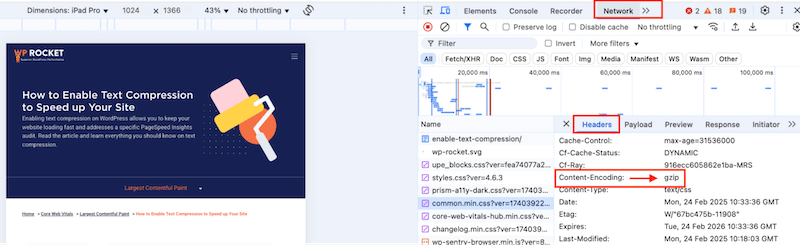 Vérification si GZIP est activé via les outils de développement - Source: WP Rocket