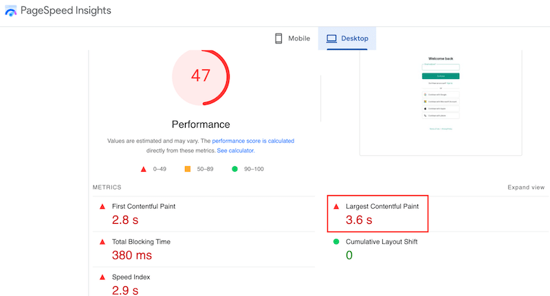 Grade LCP - Source: Pagespeed Insights