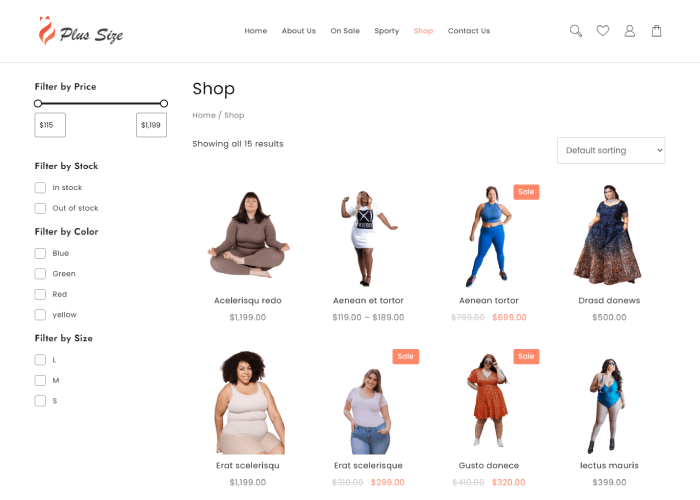 Artı boyutu dükkanı için yeni web sitesi şablonu (tek tıklamalı kurulum) 4 Shop page