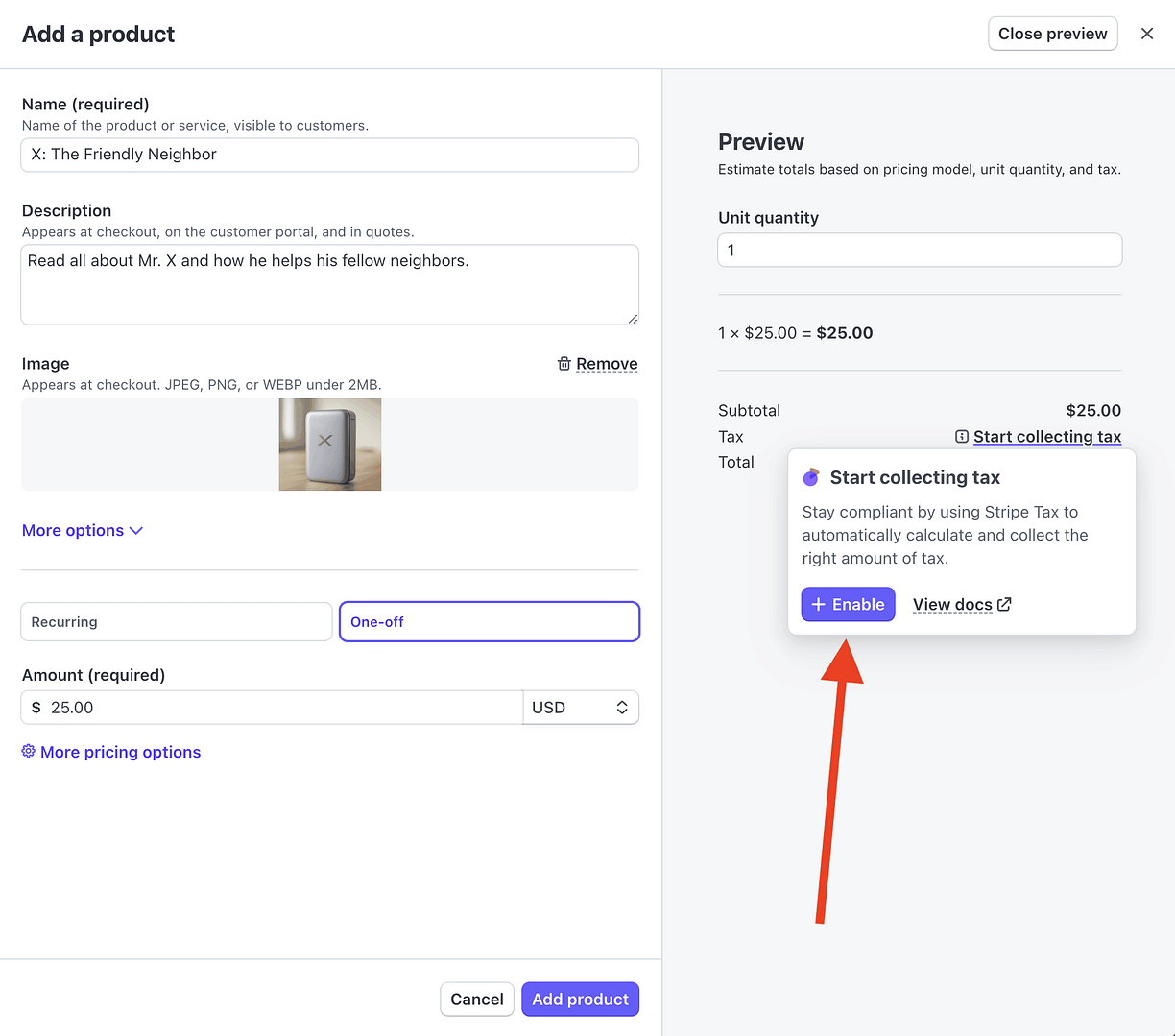 Tambah bentuk produk di stripe.