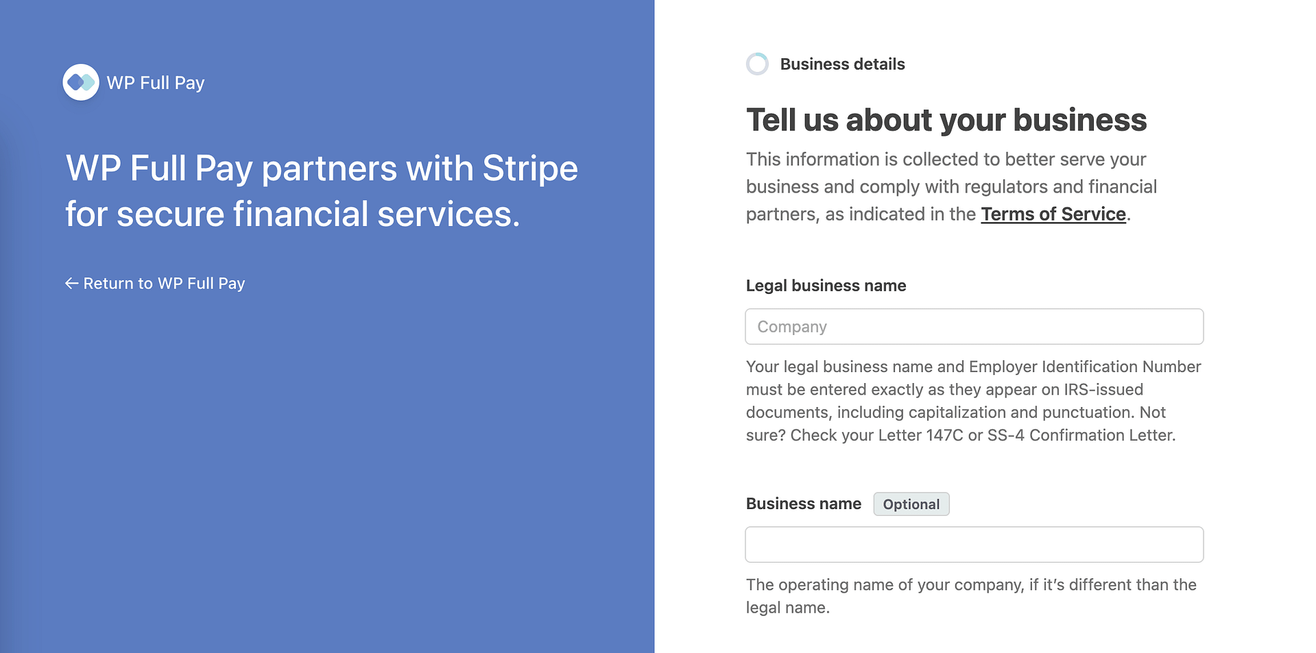 Menyiapkan akun stripe baru menggunakan WP Full Pay Setup Wizard.