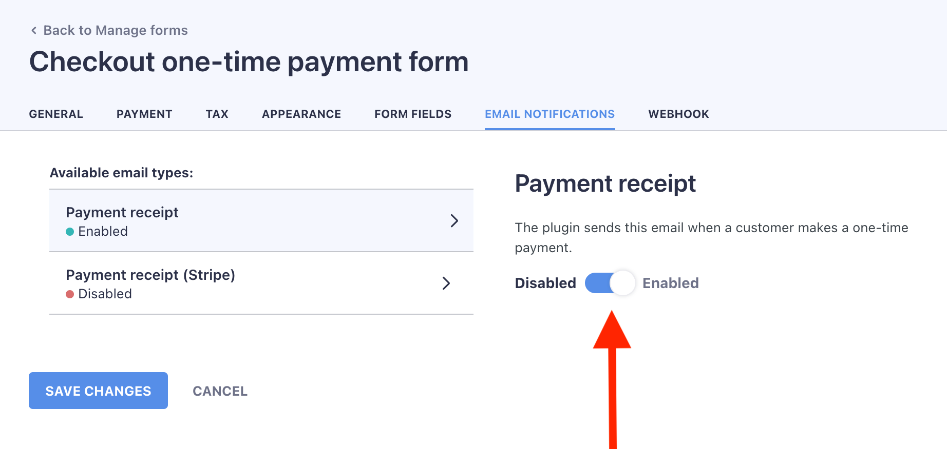 Mengaktifkan pemberitahuan email untuk penerimaan pembayaran.