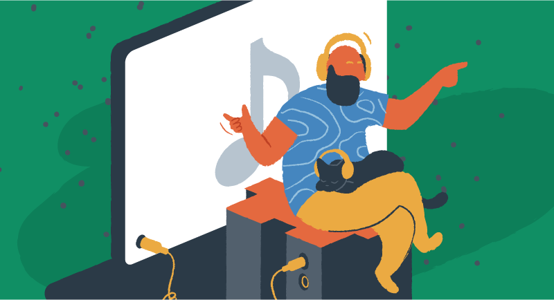 Seorang pria mendengarkan musik di situs web WordPress.