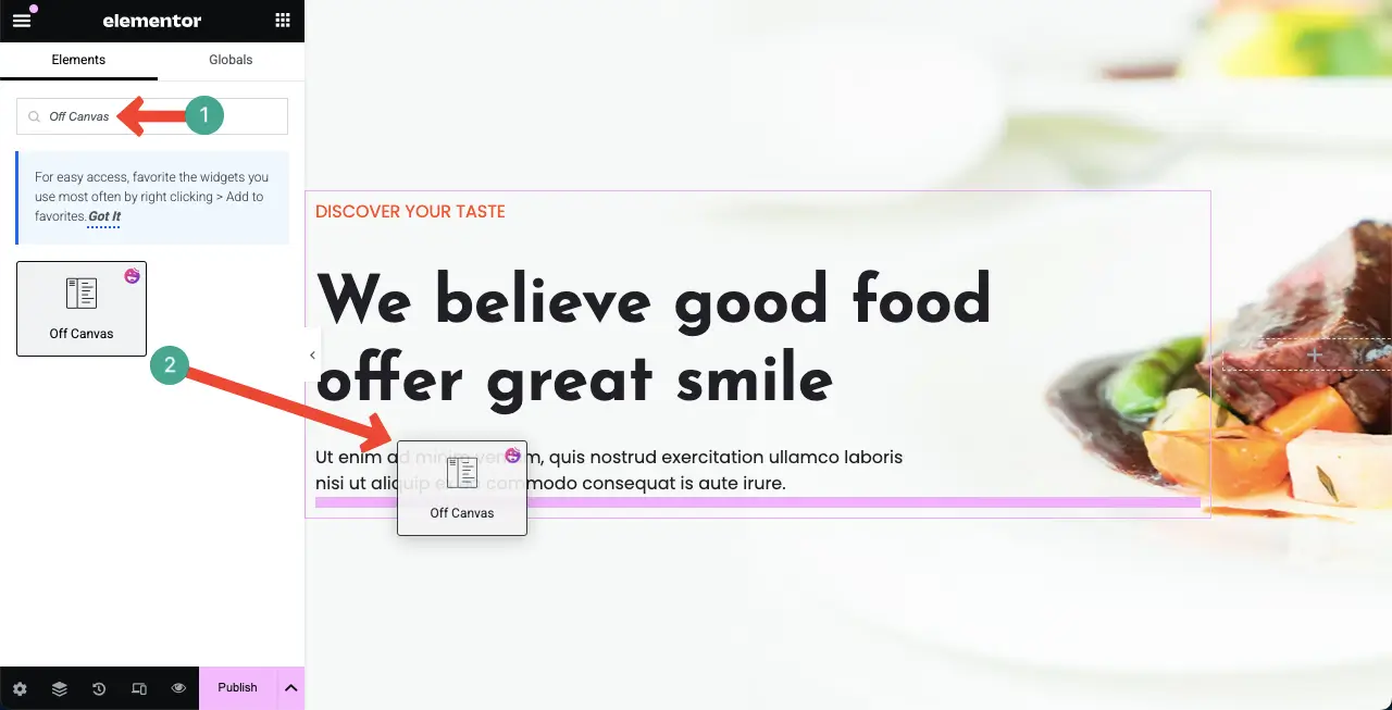 Cara membuat konten kanvas di elemenor: panduan 2 Add the Off Canvas Widget to Your Web Page