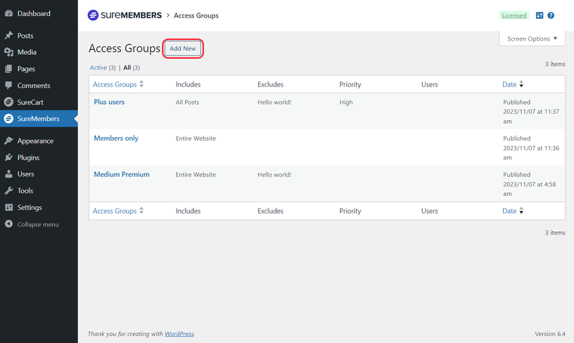 Capture d'écran de l'écran de contrôle du groupe d'accès SureMembers dans WordPress.