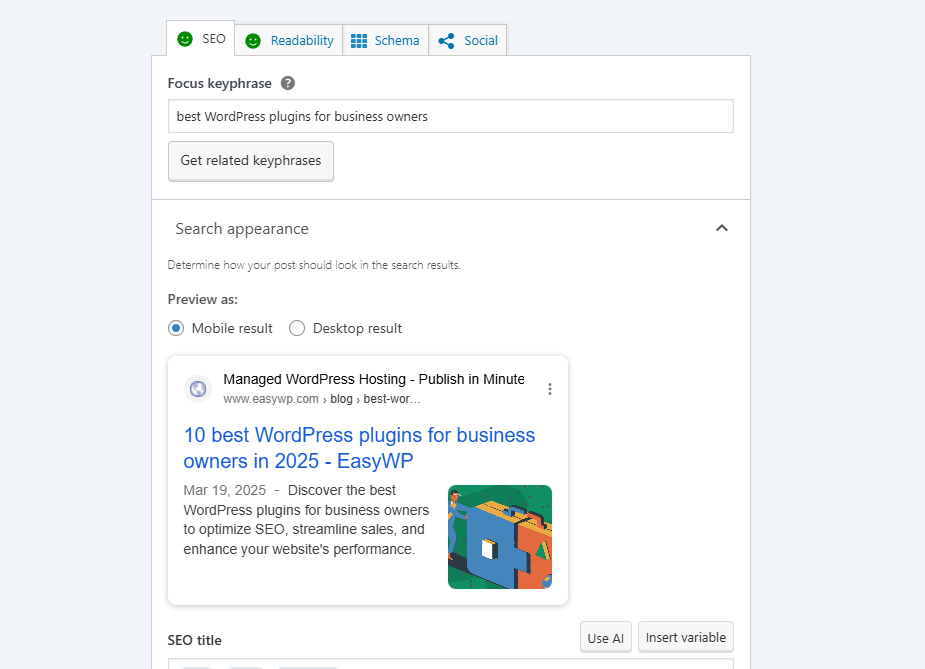 Une capture d'écran du panneau de commande SEO Yoast dans WordPress.