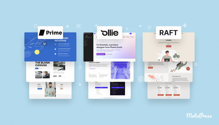 Raft vs Ollie vs Prime WordPress Block temas.